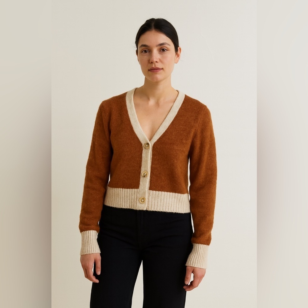 YES/LOLA Brown & Cream Button-Up Cropped Cardigan – Women’s XS